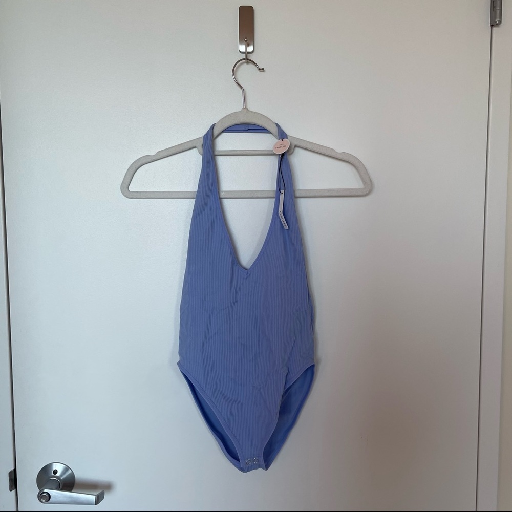Seamless blue halter bodysuit